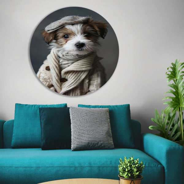 Puppy in beige trui met pet aluminium muurcirkel