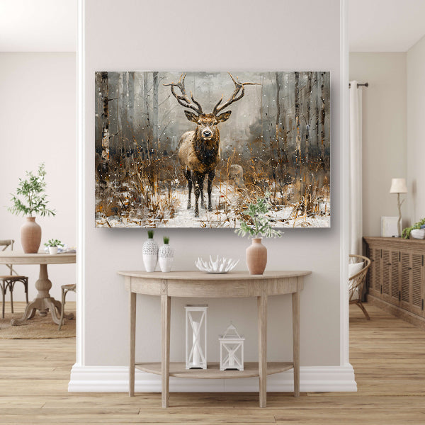 Majestueus hert in besneeuwd boslandschap canvas