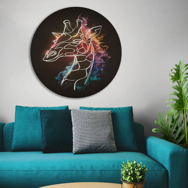 Giraffe Omhuld door Abstracte Kleurrijke Nevel aluminium muurcirkel