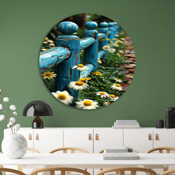 Blauw verweerd hek met margrieten in tuin aluminium muurcirkel