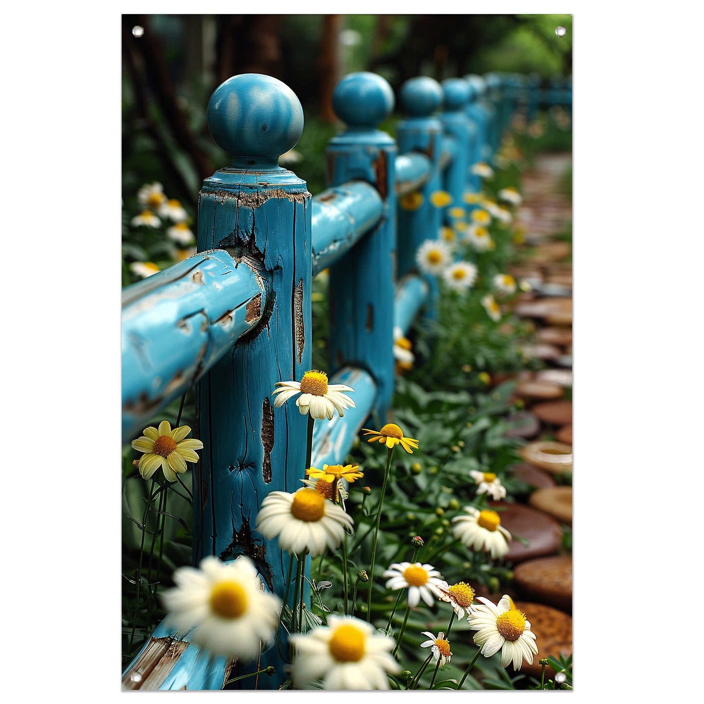 Blauw verweerd hek met margrieten in tuin tuinposter
