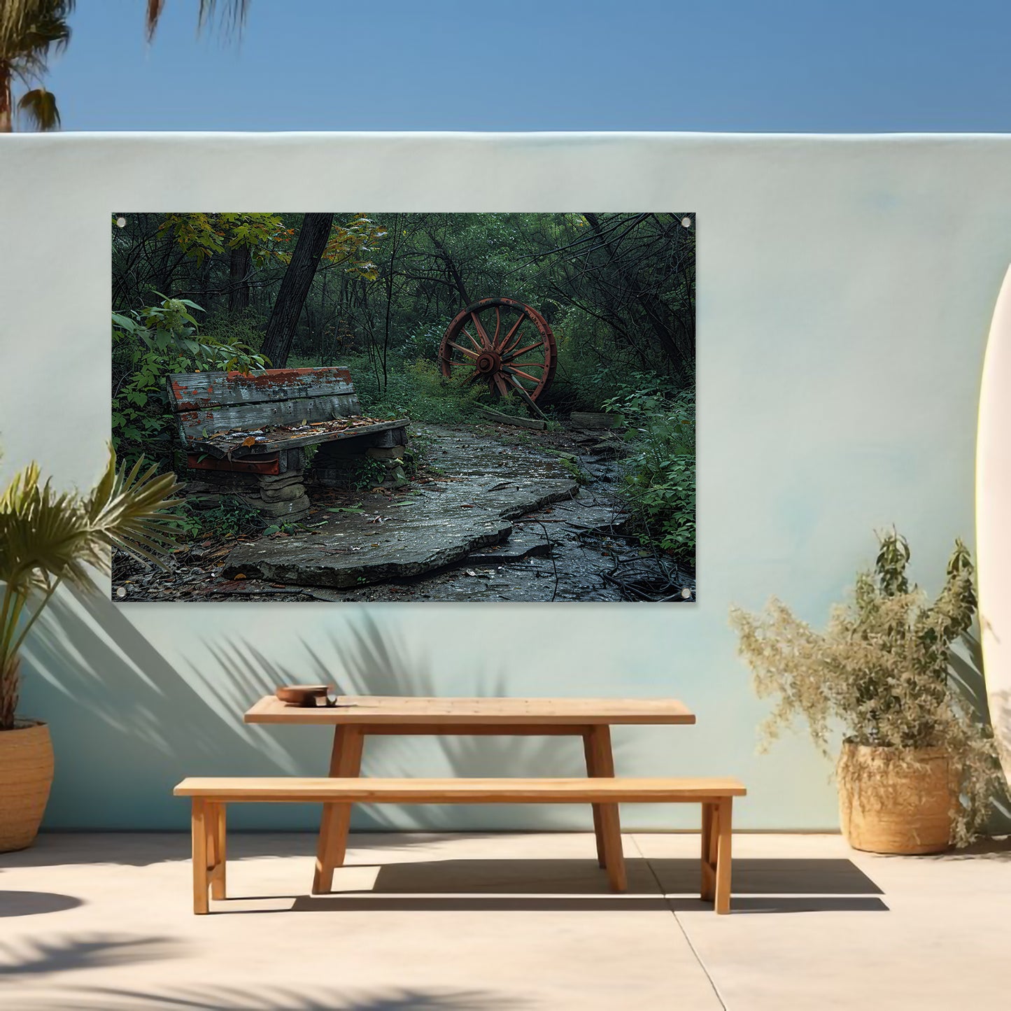 Impressionistisch bankje in het bos tuinposter