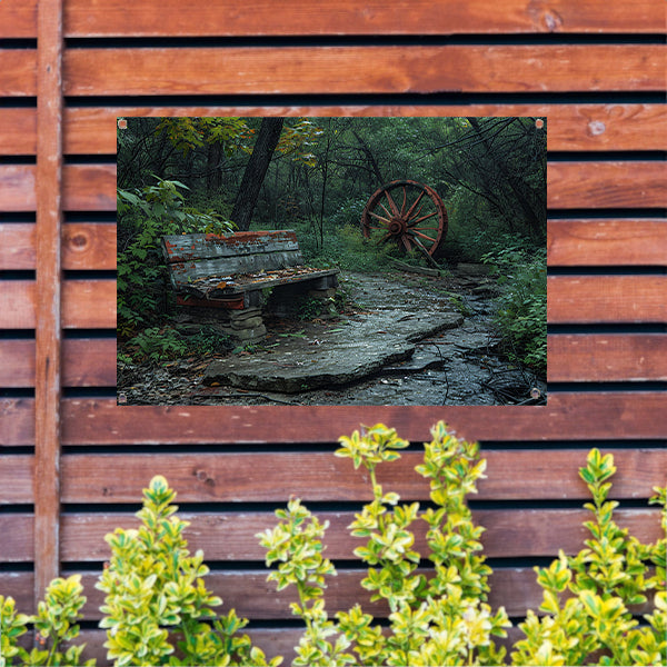 Impressionistisch bankje in het bos tuinposter