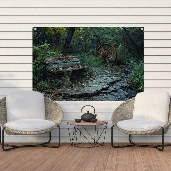 Impressionistisch bankje in het bos tuinposter