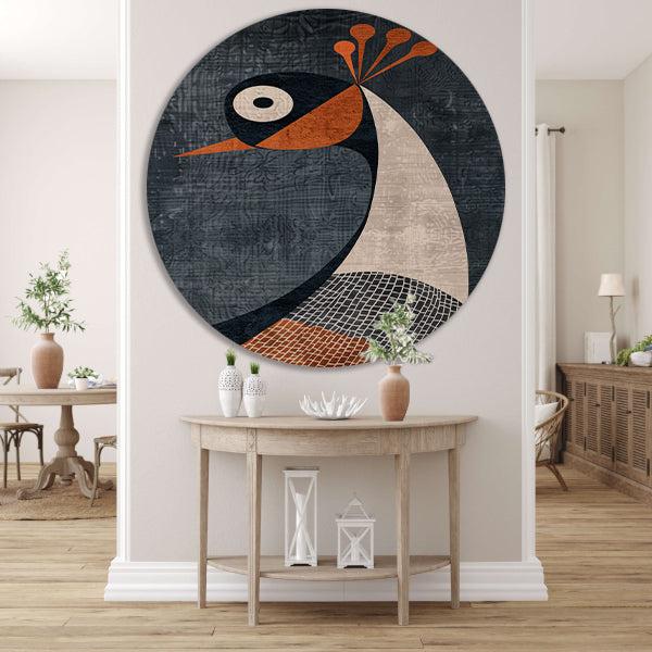 Geometrische minimalistische vogelillustratie in kleur aluminium muurcirkel