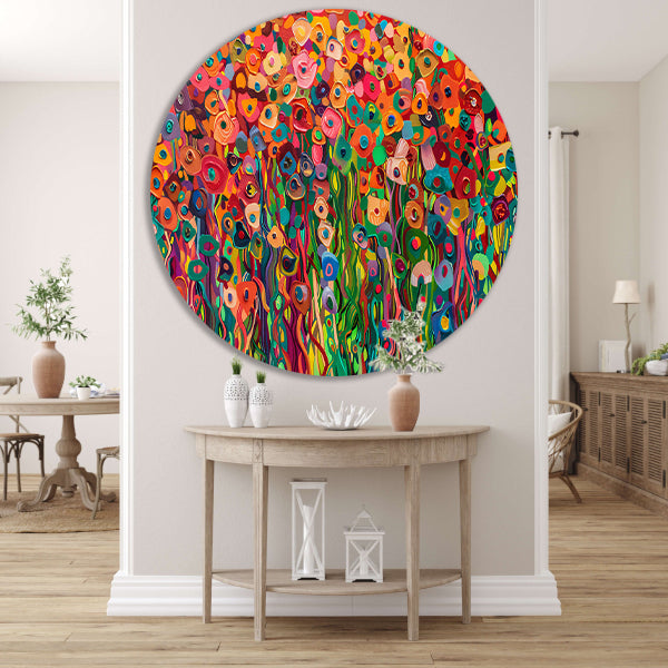 Abstract kleurrijk bloemenveld schilderij aluminium muurcirkel