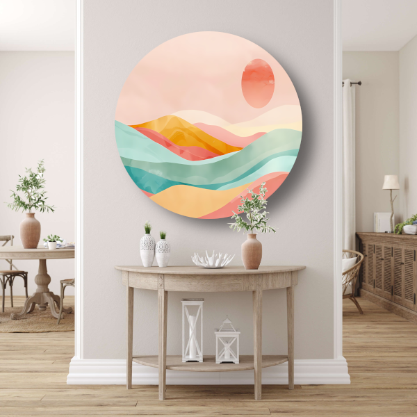 Abstracte pastelkleuren landschap met glooiende heuvels forex muurcirkel