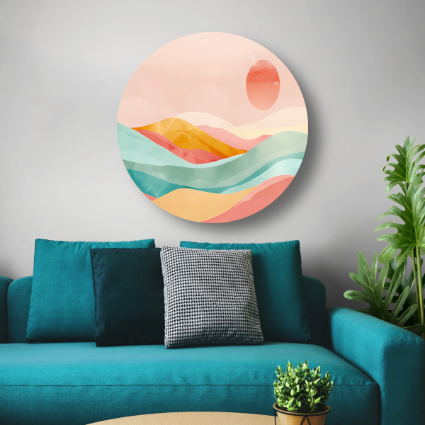 Abstracte pastelkleuren landschap met glooiende heuvels forex muurcirkel