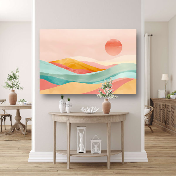 Abstracte pastelkleuren landschap met glooiende heuvels poster