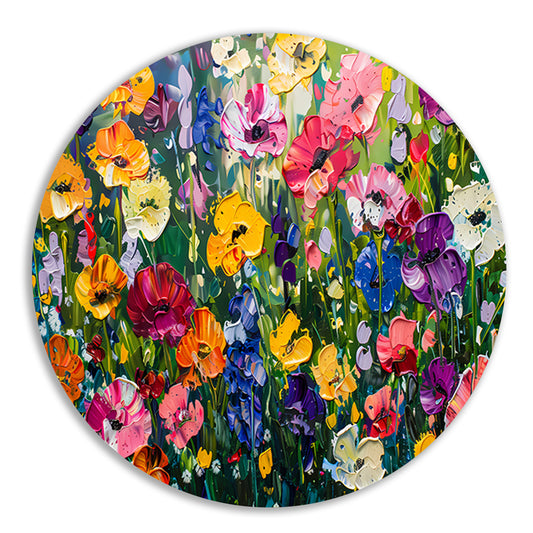 Kleurrijk schilderij van bloemenweide aluminium muurcirkel