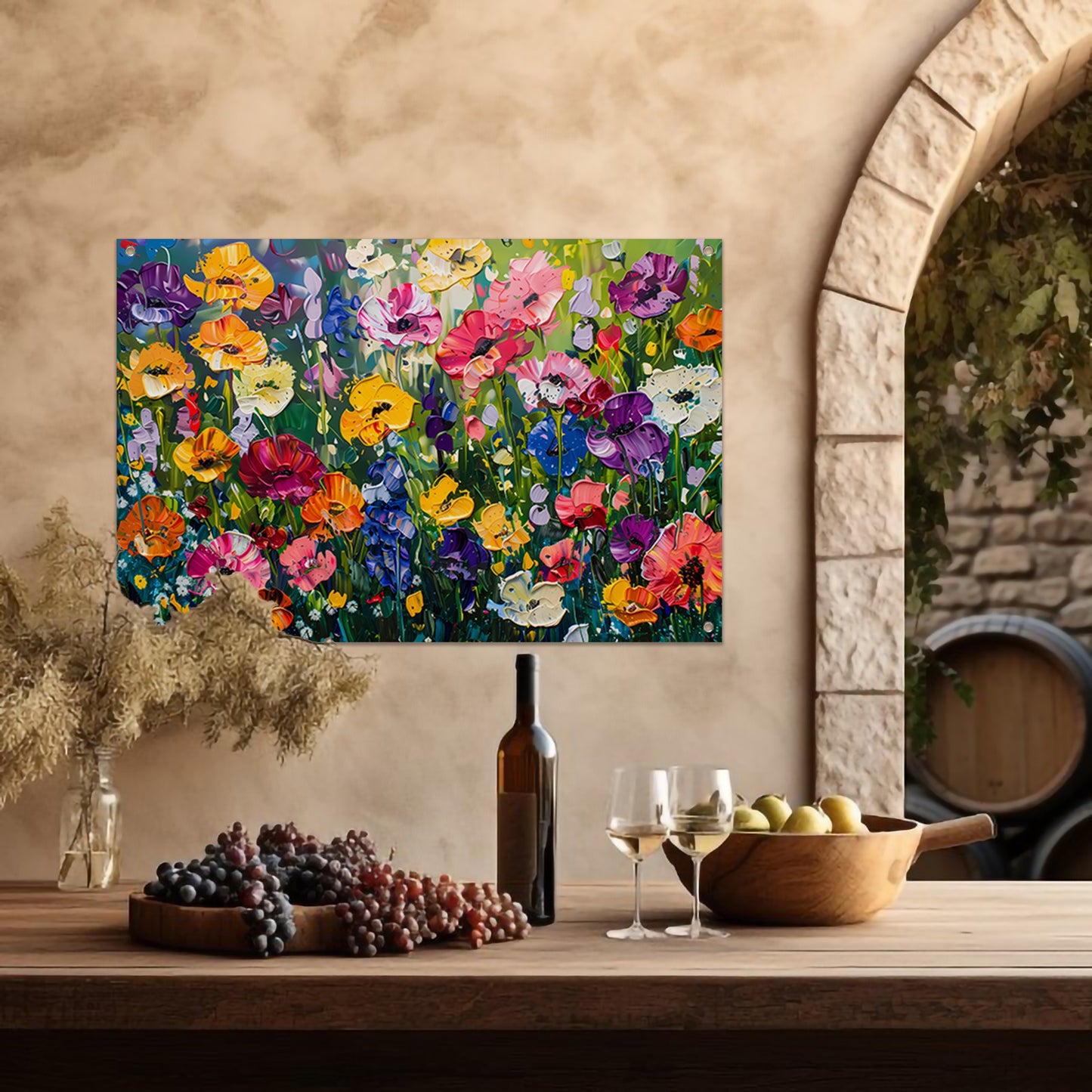 Kleurrijk schilderij van bloemenweide tuinposter