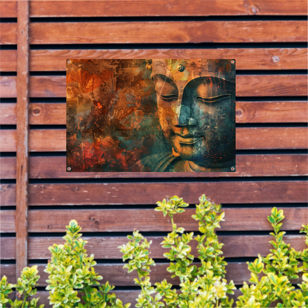 Mysterieus Boeddha portret in rustieke stijl tuinposter