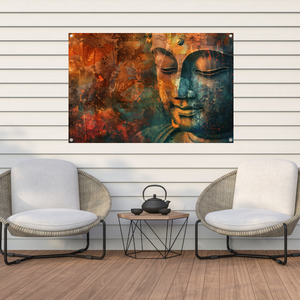 Mysterieus Boeddha portret in rustieke stijl tuinposter