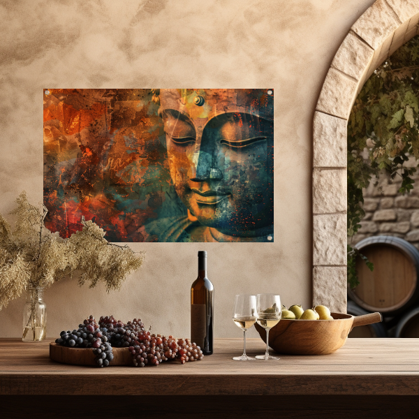 Mysterieus Boeddha portret in rustieke stijl tuinposter