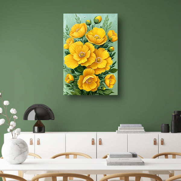 Levendige gele bloemen tegen groene achtergrond poster