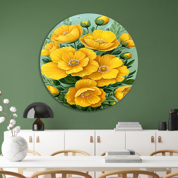 Levendige gele bloemen tegen groene achtergrond aluminium muurcirkel