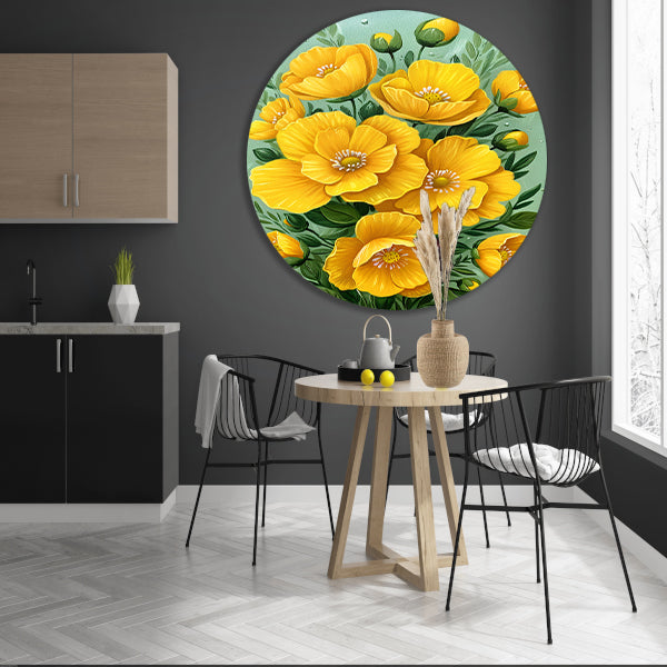 Levendige gele bloemen tegen groene achtergrond forex muurcirkel