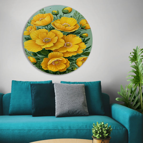 Levendige gele bloemen tegen groene achtergrond aluminium muurcirkel