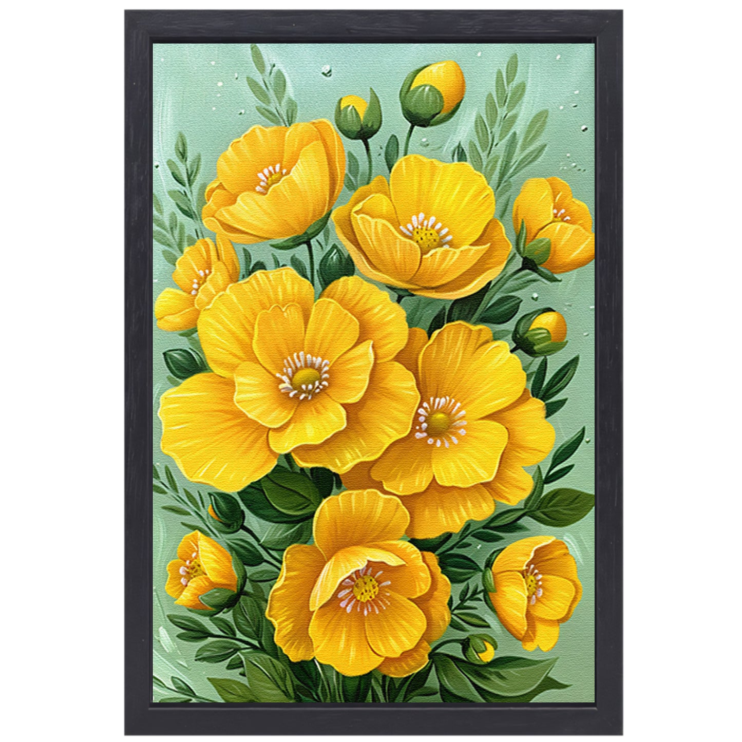 Levendige gele bloemen tegen groene achtergrond canvas met baklijst