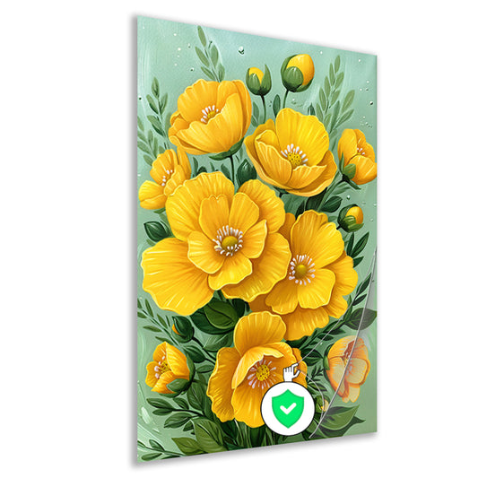 Levendige gele bloemen tegen groene achtergrond poster