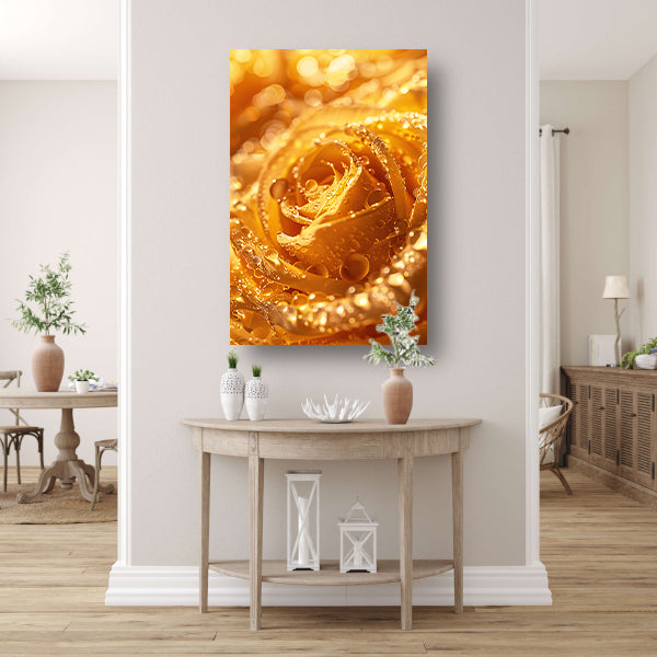 Gouden Roos Versierd met Fonkelende Waterdruppels poster