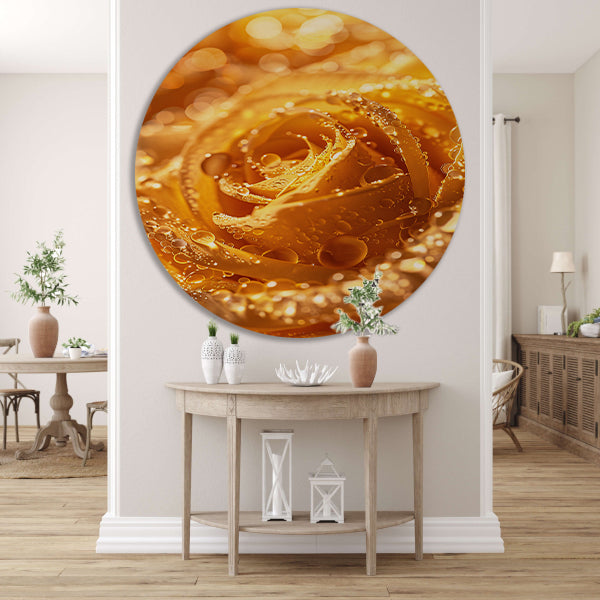 Gouden Roos Versierd met Fonkelende Waterdruppels aluminium muurcirkel