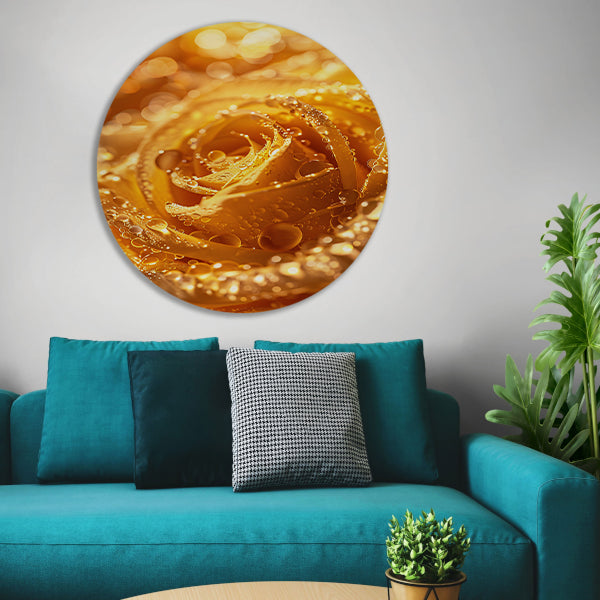 Gouden Roos Versierd met Fonkelende Waterdruppels aluminium muurcirkel