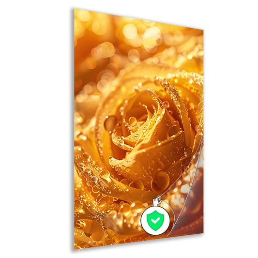 Gouden Roos Versierd met Fonkelende Waterdruppels poster
