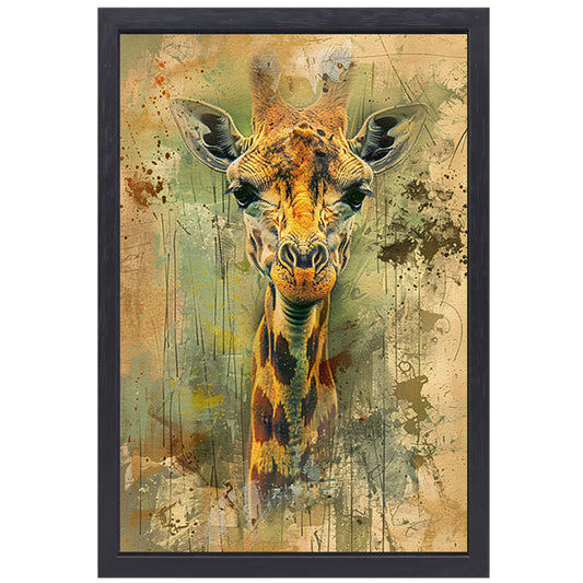 Abstract giraffe portret op rustieke achtergrond canvas met baklijst