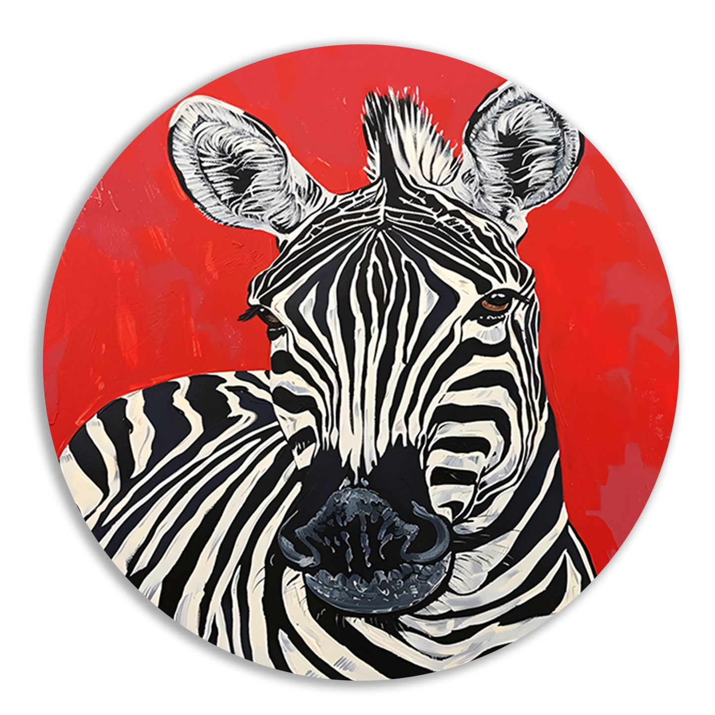 Zebra tegen een levendige rode achtergrond aluminium muurcirkel