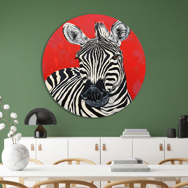 Zebra tegen een levendige rode achtergrond aluminium muurcirkel
