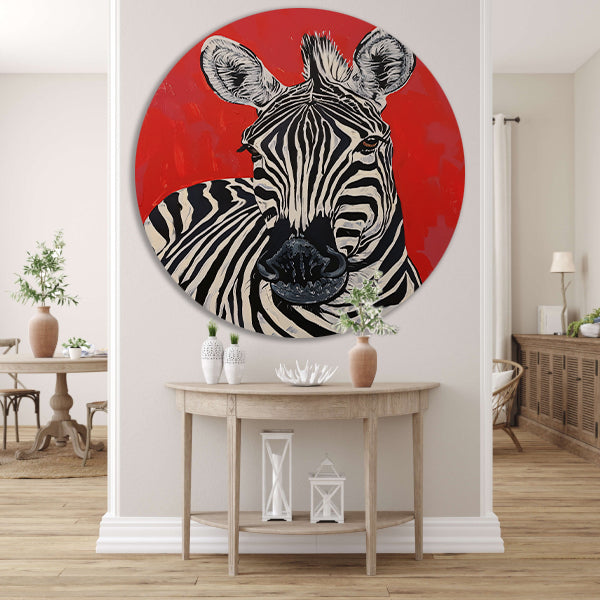 Zebra tegen een levendige rode achtergrond forex muurcirkel