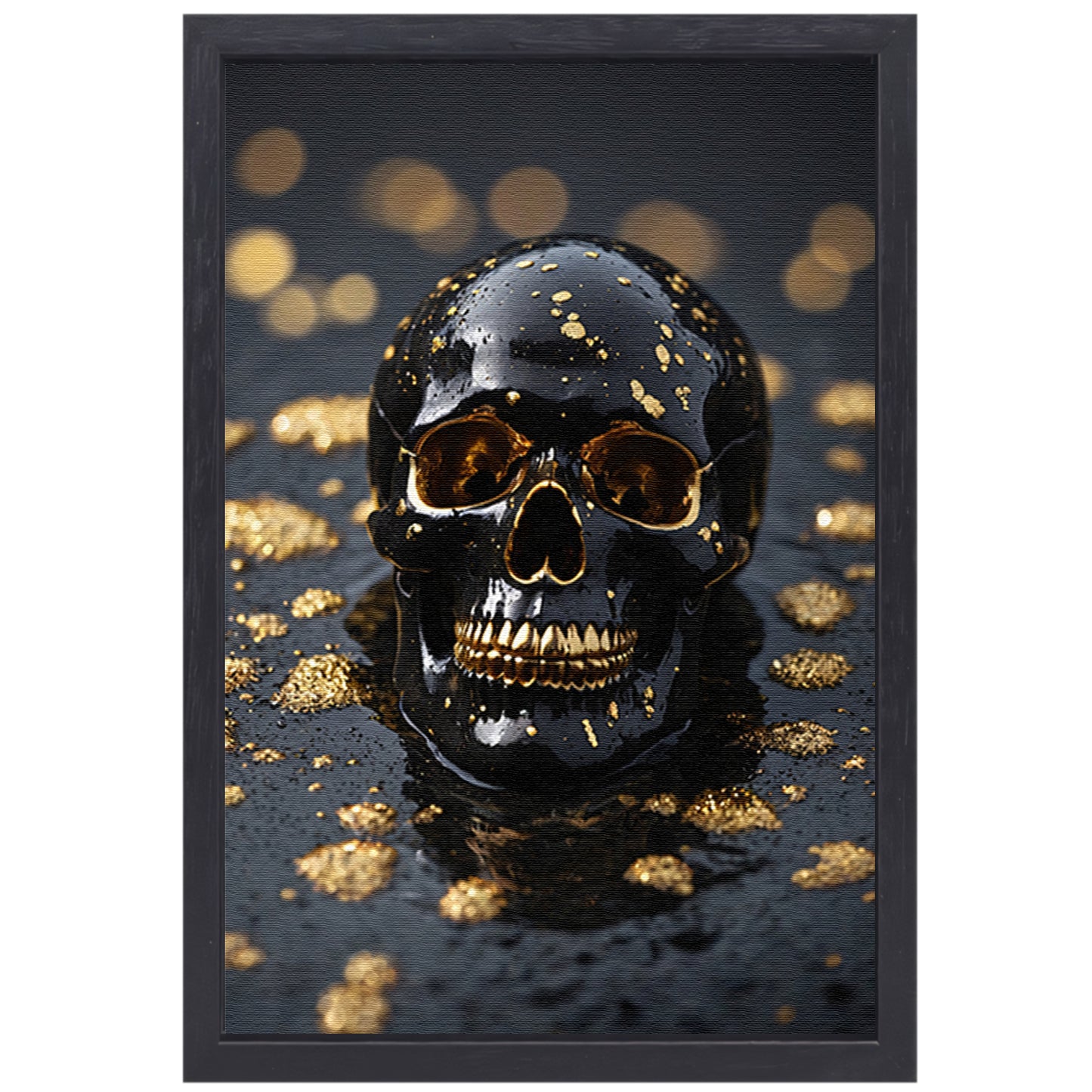 Zwart Gouden Schedel Op Natuursteen canvas met baklijst
