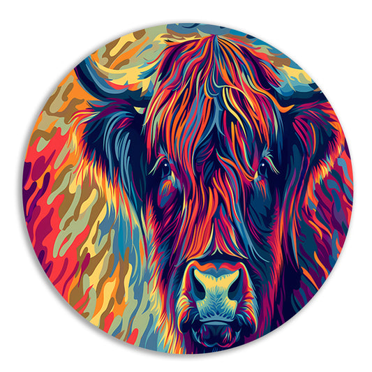 Kleurrijk schilderij van Schotse hooglander aluminium muurcirkel