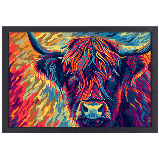 Kleurrijk schilderij van Schotse hooglander canvas met baklijst