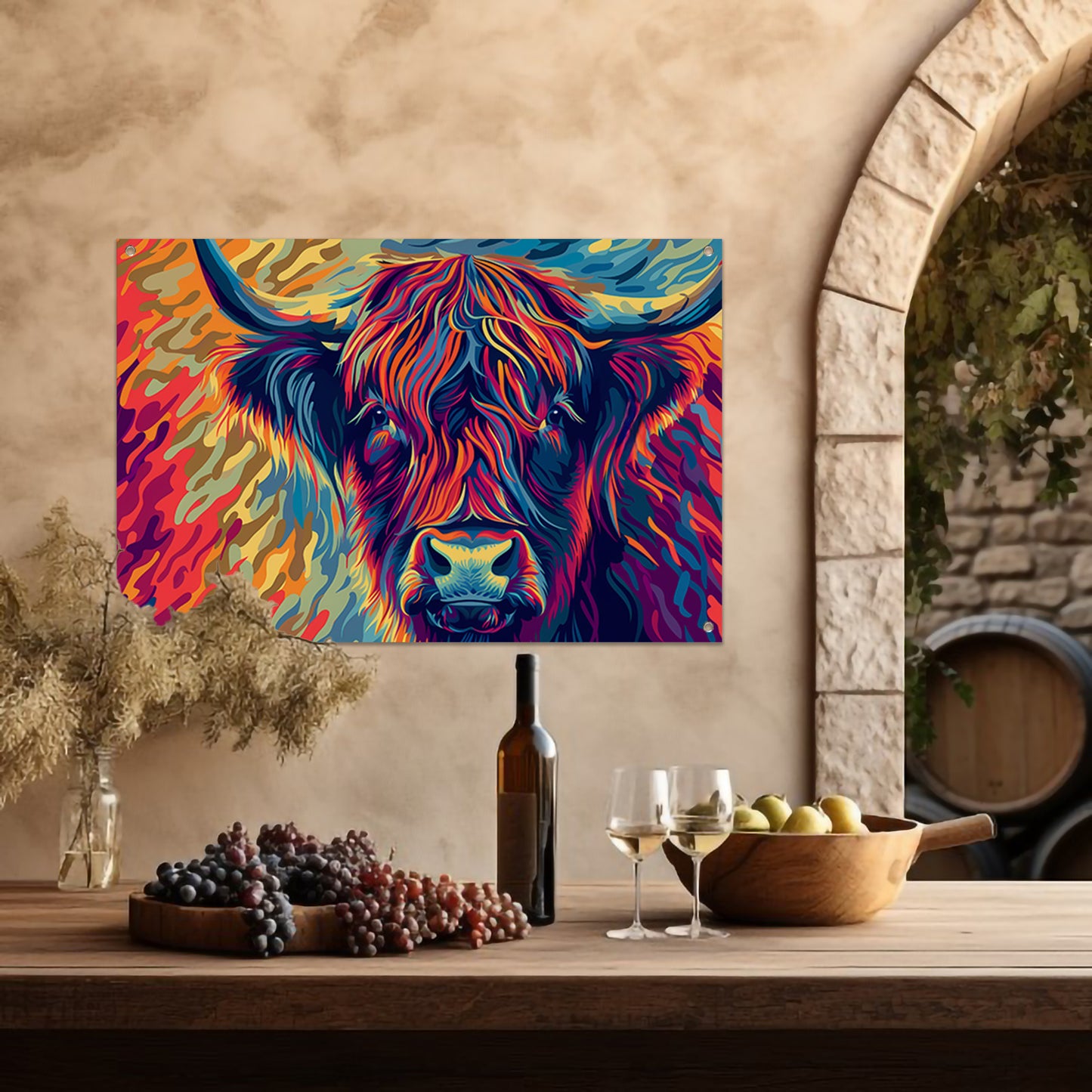 Kleurrijk schilderij van Schotse hooglander tuinposter