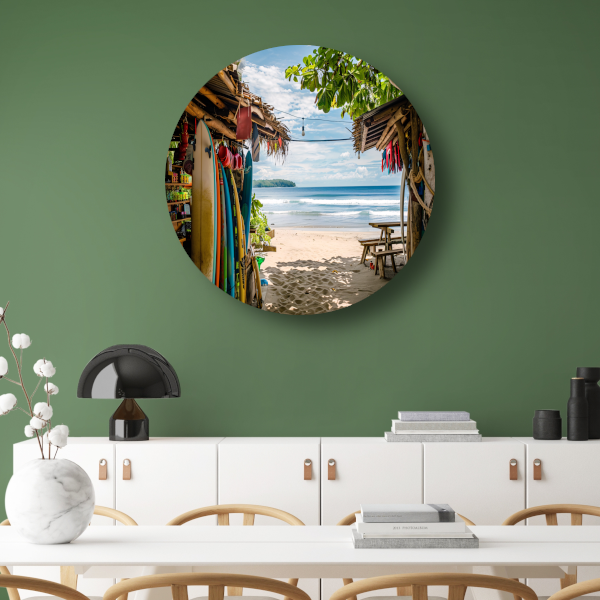 Tropisch Strand met Surfshop en Golven forex muurcirkel