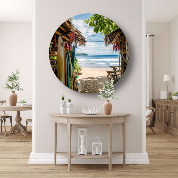 Tropisch Strand met Surfshop en Golven forex muurcirkel