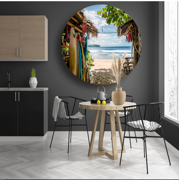 Tropisch Strand met Surfshop en Golven forex muurcirkel