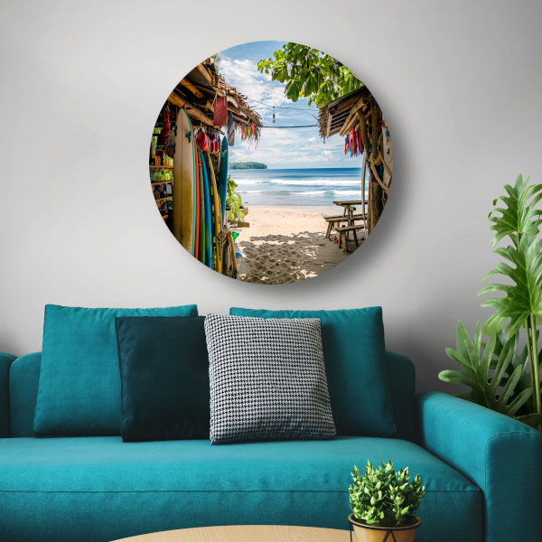 Tropisch Strand met Surfshop en Golven forex muurcirkel