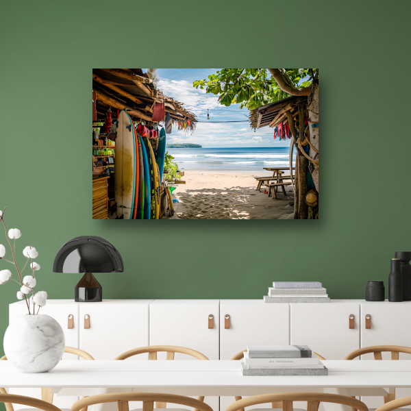 Tropisch Strand met Surfshop en Golven canvas met baklijst
