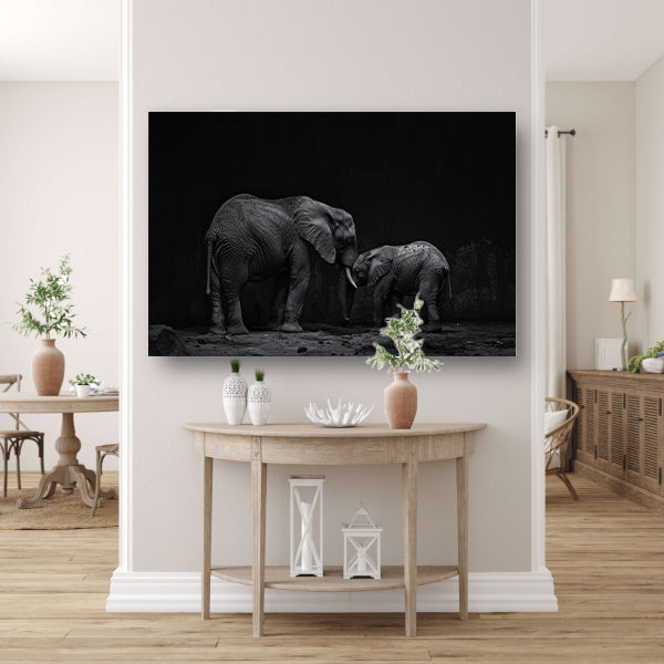 Zwart-wit olifanten moeder en kalf kunst canvas