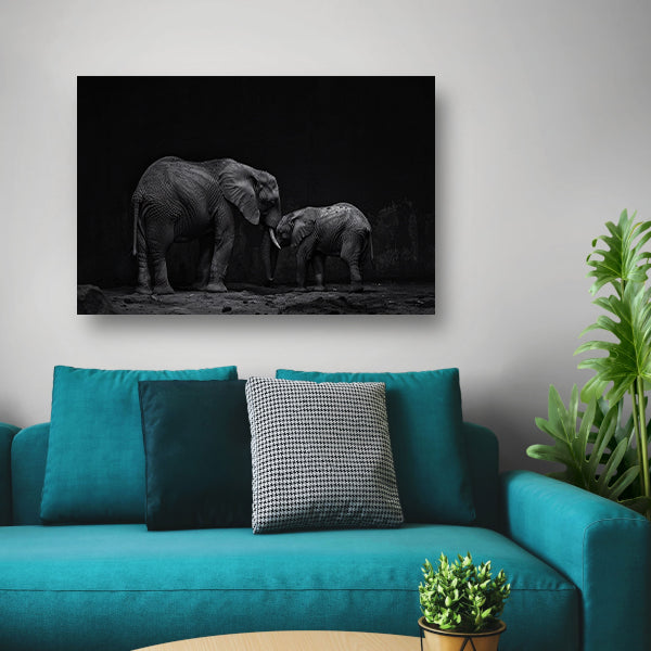 Zwart-wit olifanten moeder en kalf kunst canvas