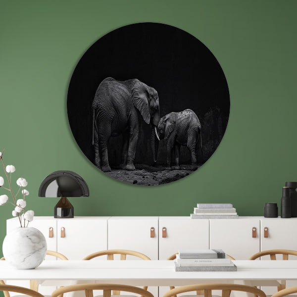 Zwart-wit olifanten moeder en kalf kunst aluminium muurcirkel