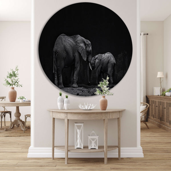 Zwart-wit olifanten moeder en kalf kunst aluminium muurcirkel