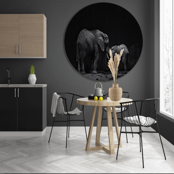 Zwart-wit olifanten moeder en kalf kunst aluminium muurcirkel