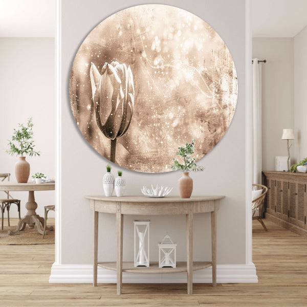 Minimalistische sepia lijntekening van tulp aluminium muurcirkel