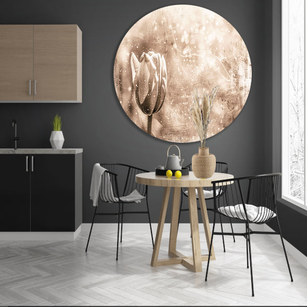 Minimalistische sepia lijntekening van tulp aluminium muurcirkel
