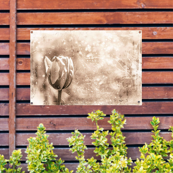 Minimalistische sepia lijntekening van tulp tuinposter
