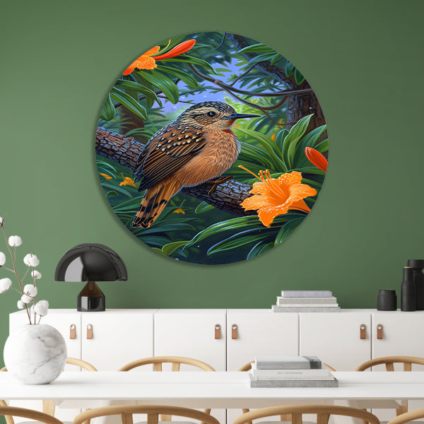 Realistisch vogel op tak met bloemen aluminium muurcirkel
